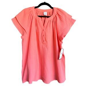 NWT, Time and Tru, Size Med, Maternity, Coral Flutter Sleeve Top, Cotton Gauze